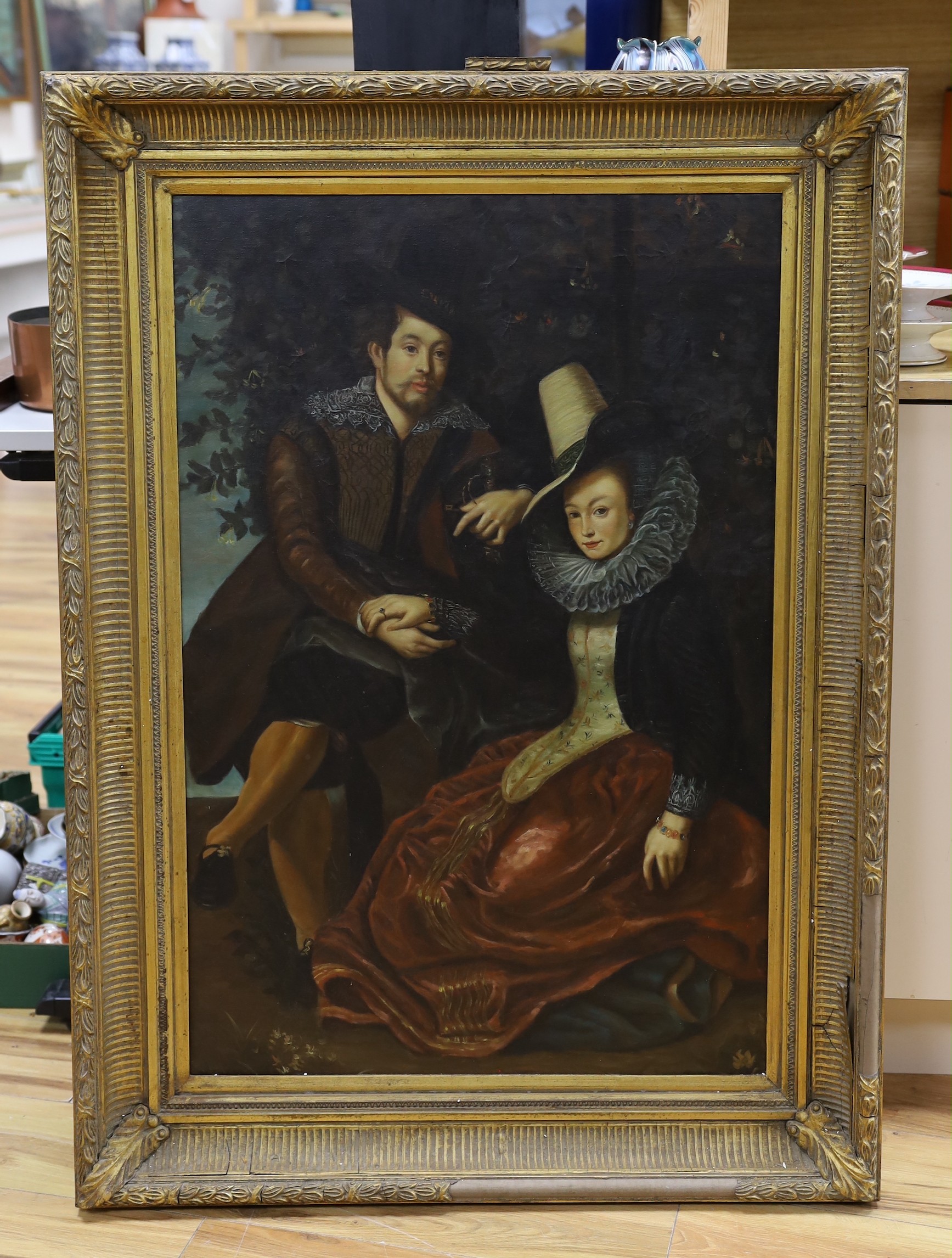 A modern oil on canvas depicting an Elizabethan couple, 90 x 60cm